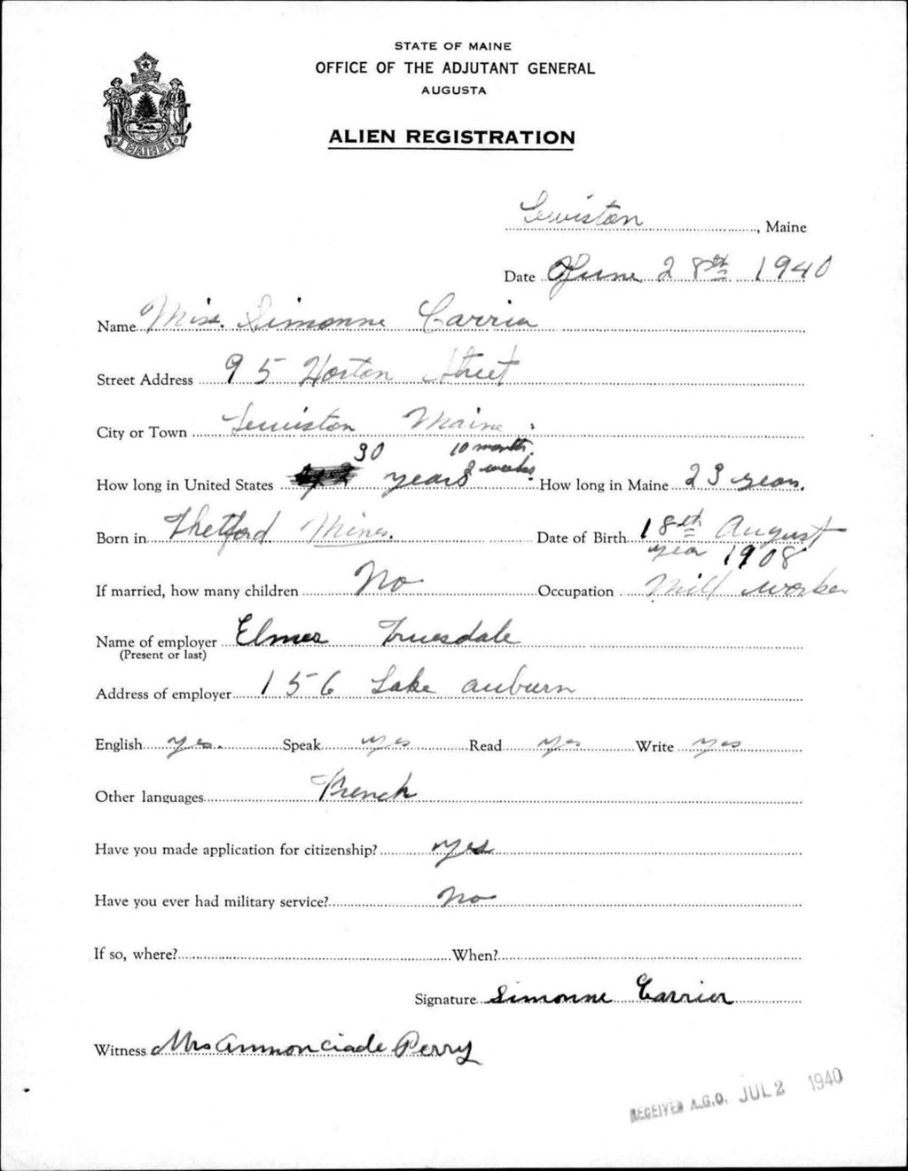 Miniature of Alien Registration- Carrier, Simonne (Lewiston, Androscoggin County)