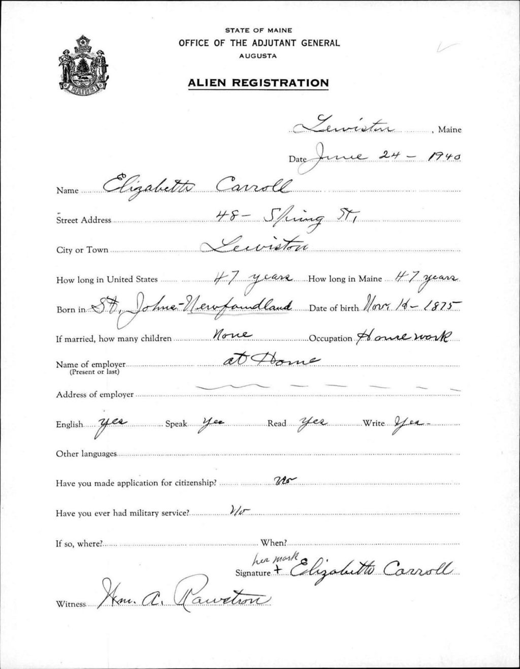 Miniature of Alien Registration- Carroll, Elizabeth (Lewiston, Androscoggin County)