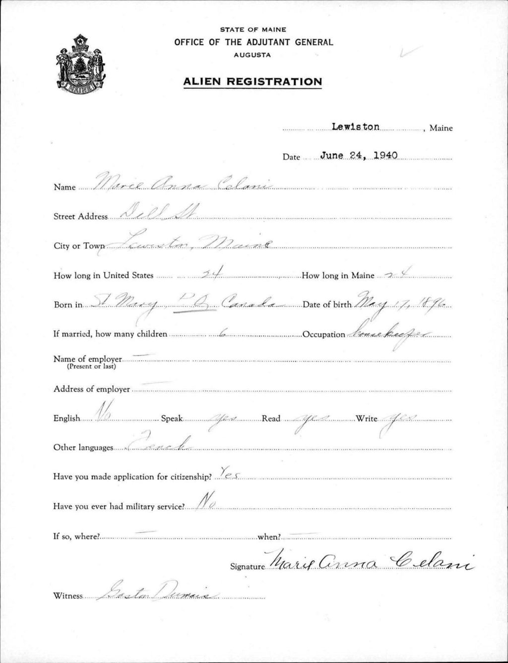 Miniature of Alien Registration- Celani, Marie A. (Lewiston, Androscoggin County)
