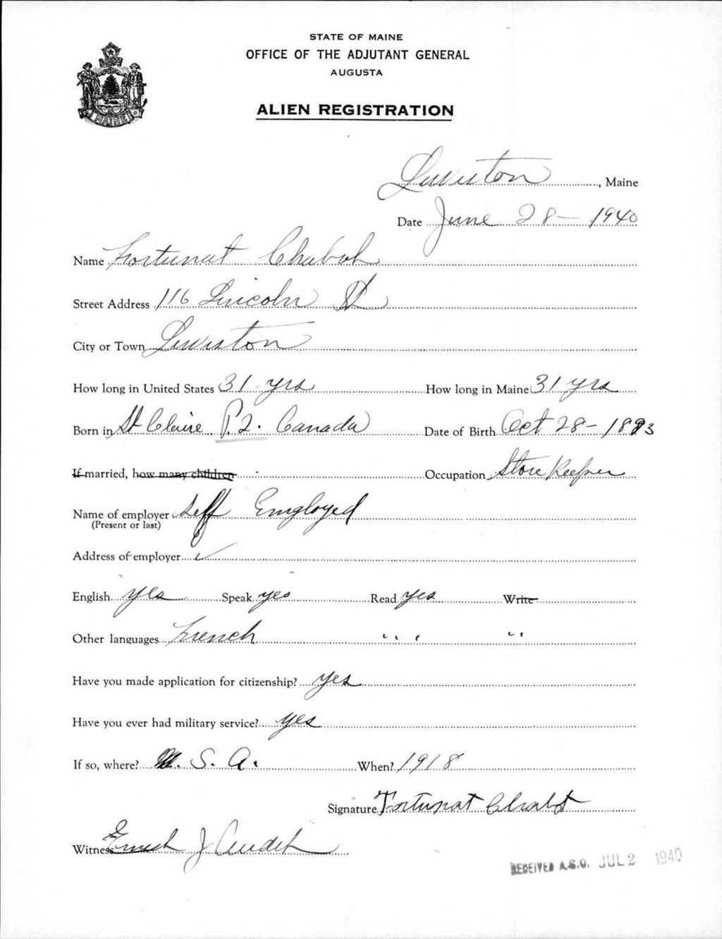 Miniature of Alien Registration- Chabot, Fortunat (Lewiston, Androscoggin County)