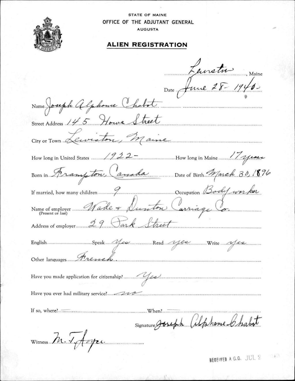Miniature of Alien Registration- Chabot, Joseph A. (Lewiston, Androscoggin County)