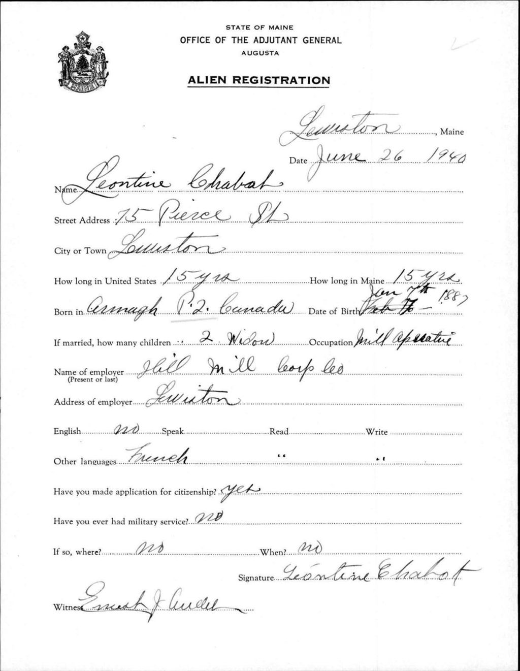 Miniature of Alien Registration- Chabot, Leontine (Lewiston, Androscoggin County)