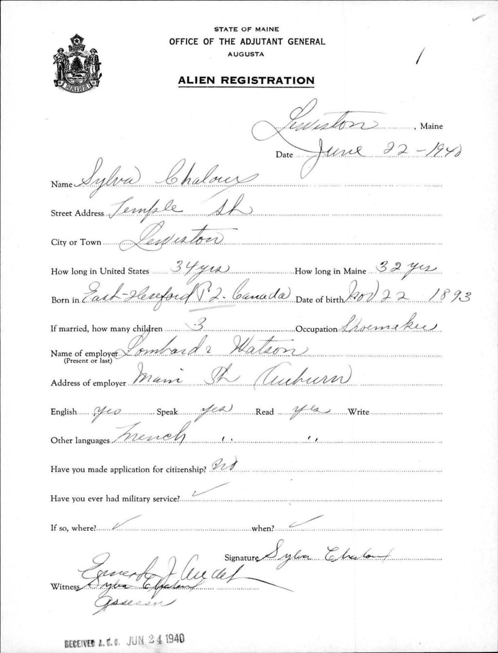 Miniature of Alien Registration- Chaloux, Sylvia (Lewiston, Androscoggin County)