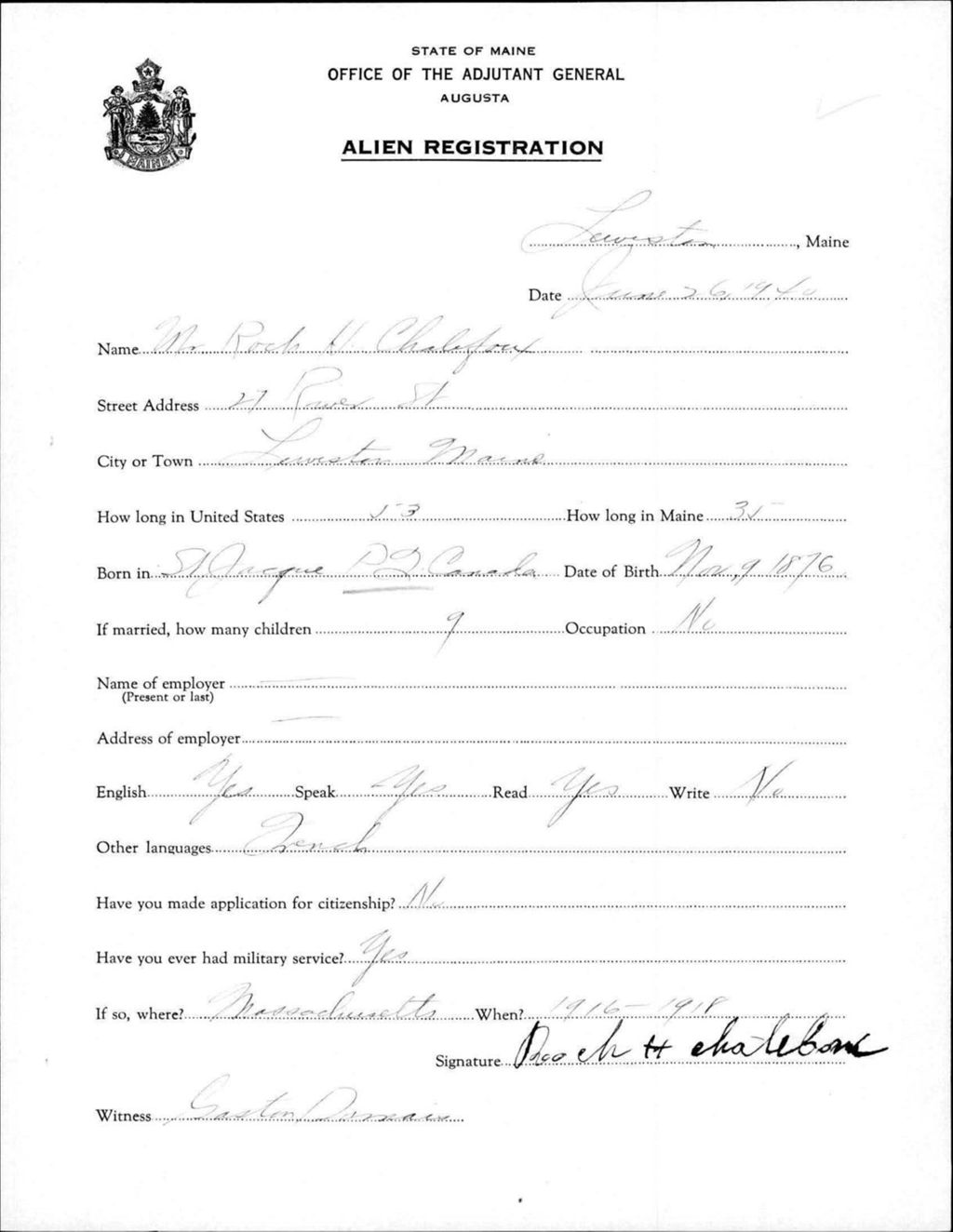 Miniature of Alien Registration- Chalefoux, Roch H. (Lewiston, Androscoggin County)