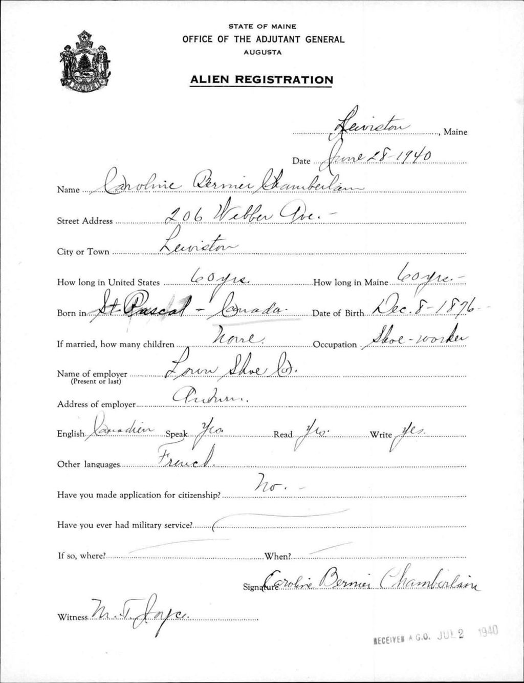 Miniature of Alien Registration- Bernier, Caroline (Lewiston, Androscoggin County)