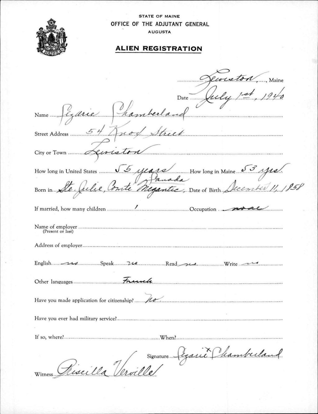 Miniature of Alien Registration- Chamberland, Cegarie (Lewiston, Androscoggin County)