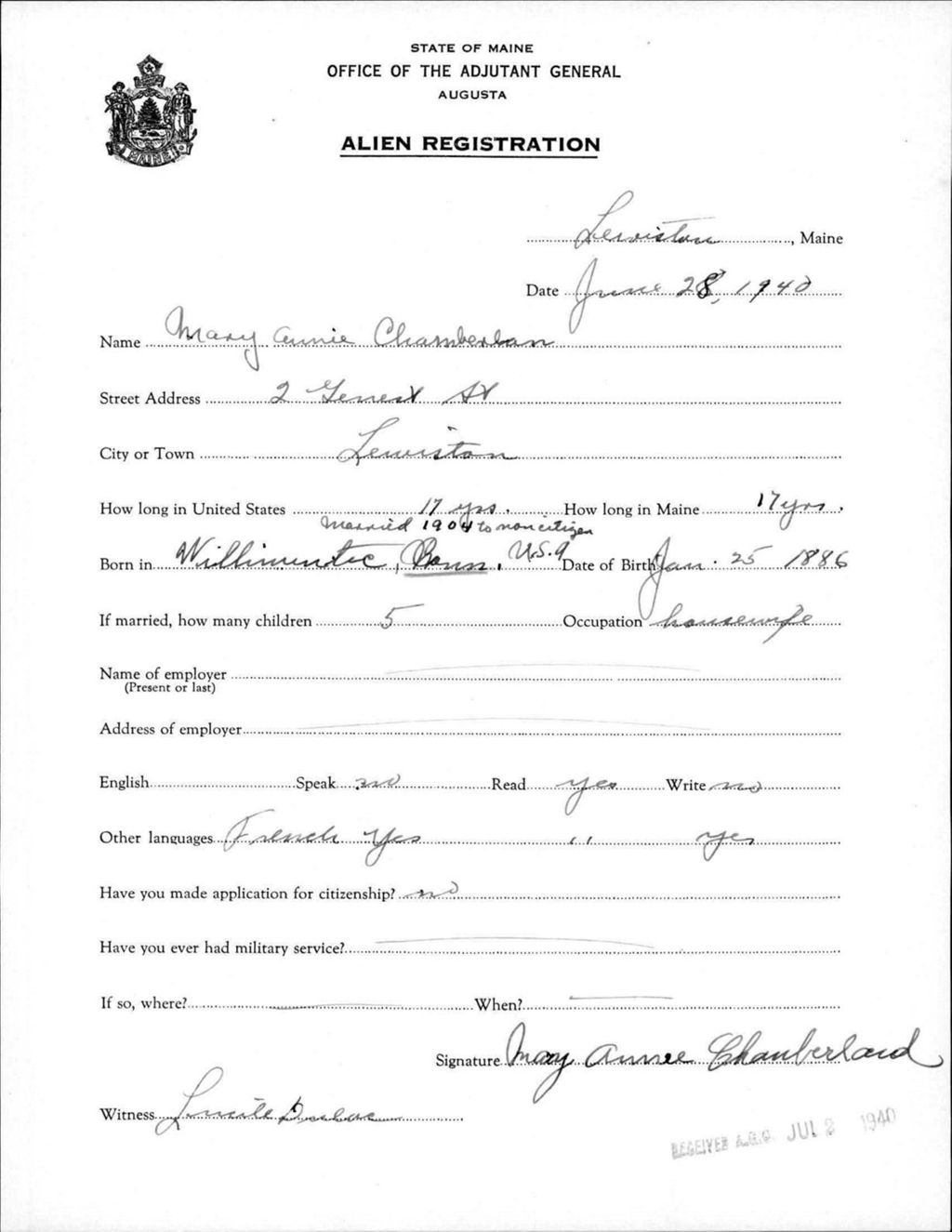 Miniature of Alien Registration- Chamberlain, Mary A. (Lewiston, Androscoggin County)