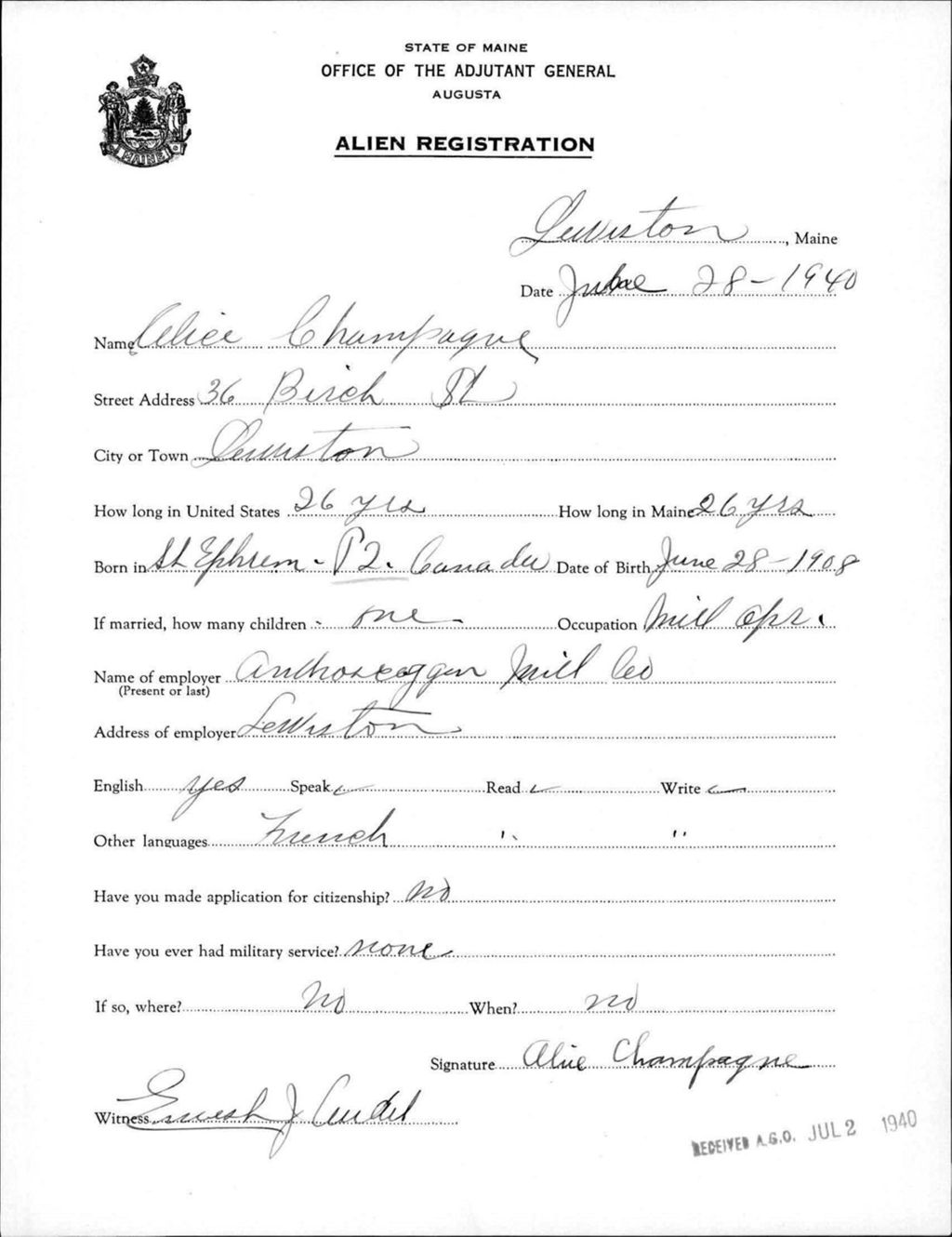 Miniature of Alien Registration- Champagne, Alice (Lewiston, Androscoggin County)