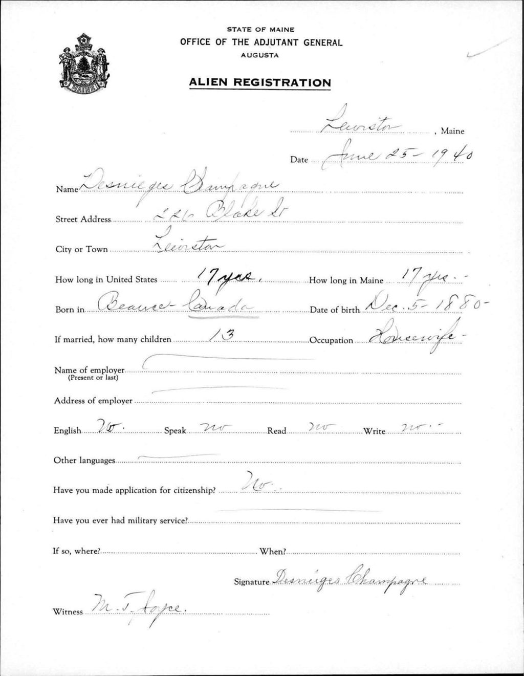 Miniature of Alien Registration- Champagne, Desnieges (Lewiston, Androscoggin County)