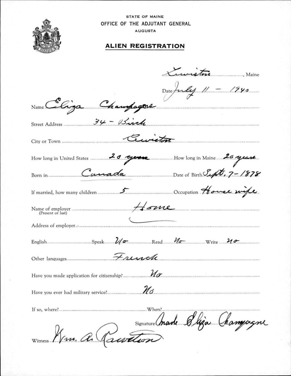 Miniature of Alien Registration- Champagne, Eliza (Lewiston, Androscoggin County)