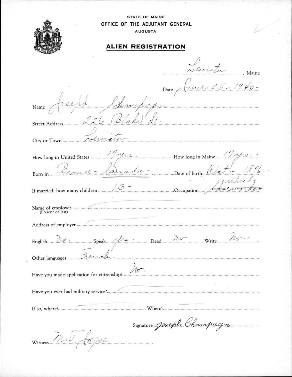 Miniature of Alien Registration- Champagne, Joseph (Lewiston, Androscoggin County)