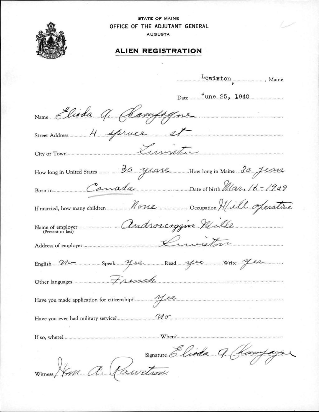 Miniature of Alien Registration- Champagne, Elioda A. (Lewiston, Androscoggin County)