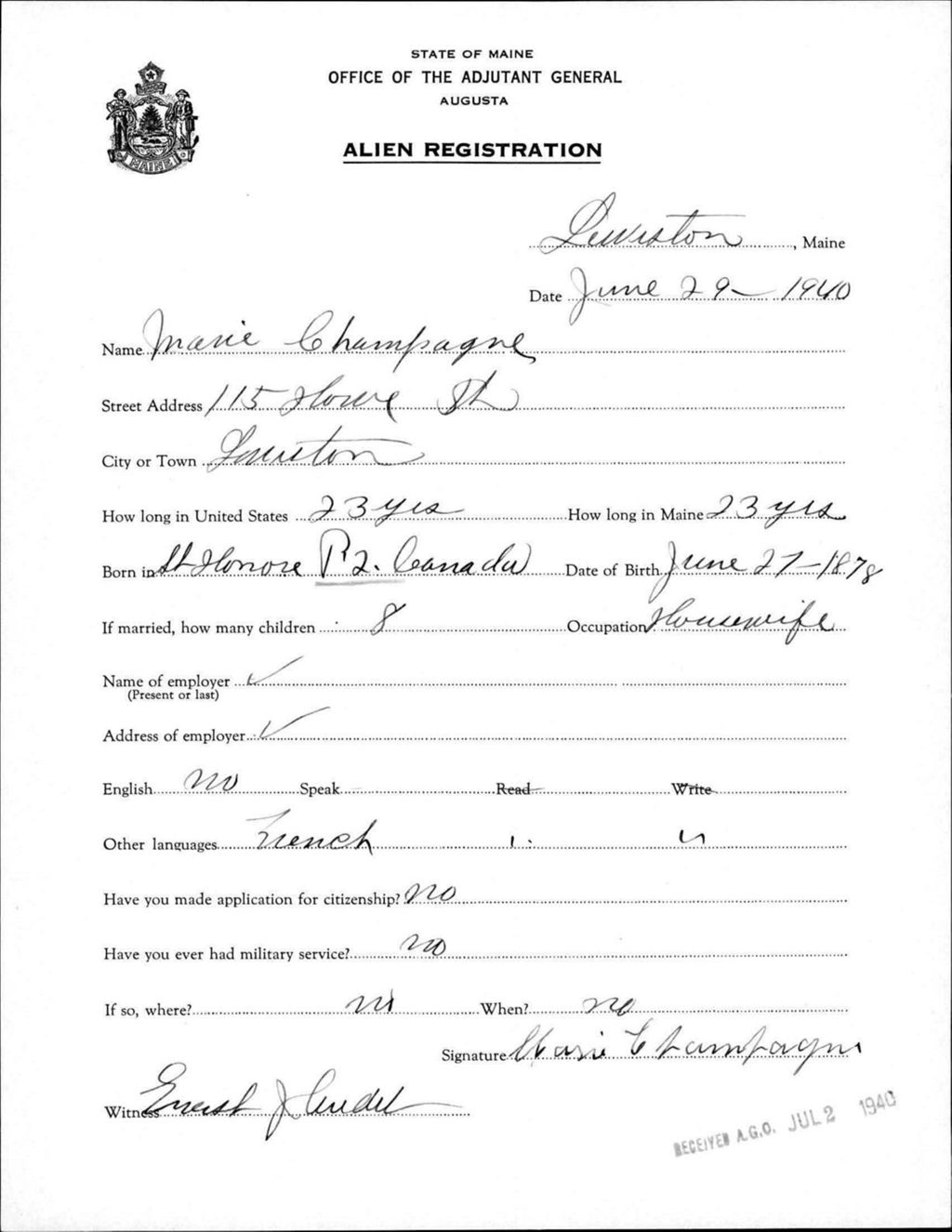 Miniature of Alien Registration- Champagne, Marie (Lewiston, Androscoggin County)