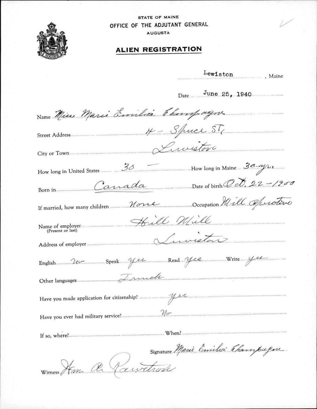 Miniature of Alien Registration- Champagne, Marie E. (Lewiston, Androscoggin County)