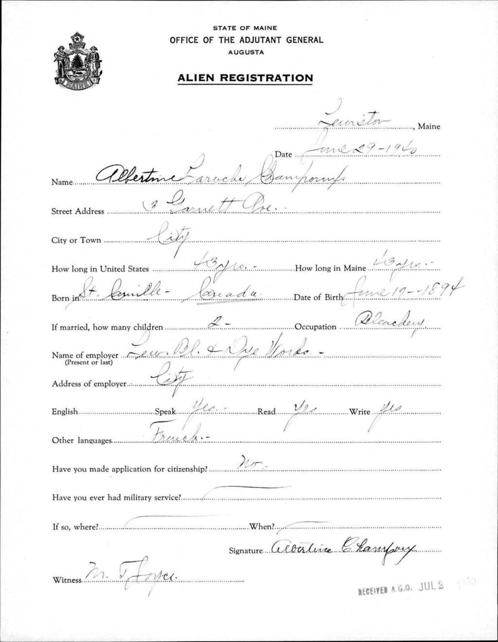 Miniature of Alien Registration- Laroche, Albertine (Lewiston, Androscoggin County)