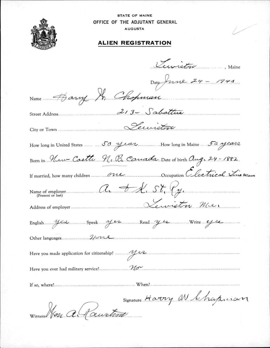 Miniature of Alien Registration- Chapman, Harry H. (Lewiston, Androscoggin County)