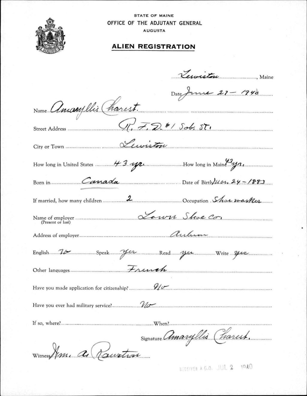 Miniature of Alien Registration- Charest, Amaryllis (Lewiston, Androscoggin County)