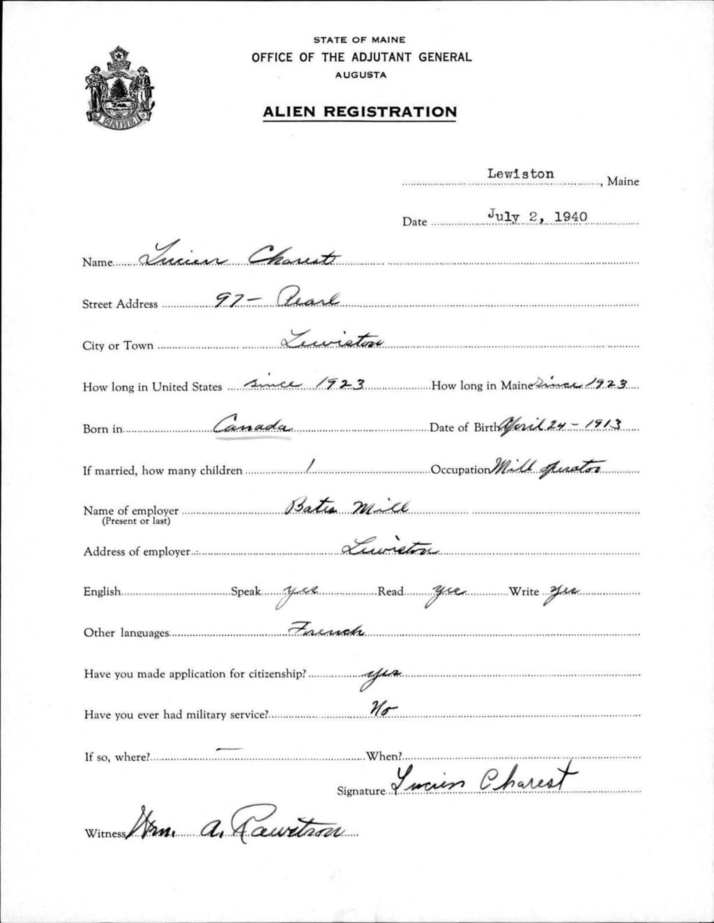 Miniature of Alien Registration- Charest, Lucien (Lewiston, Androscoggin County)