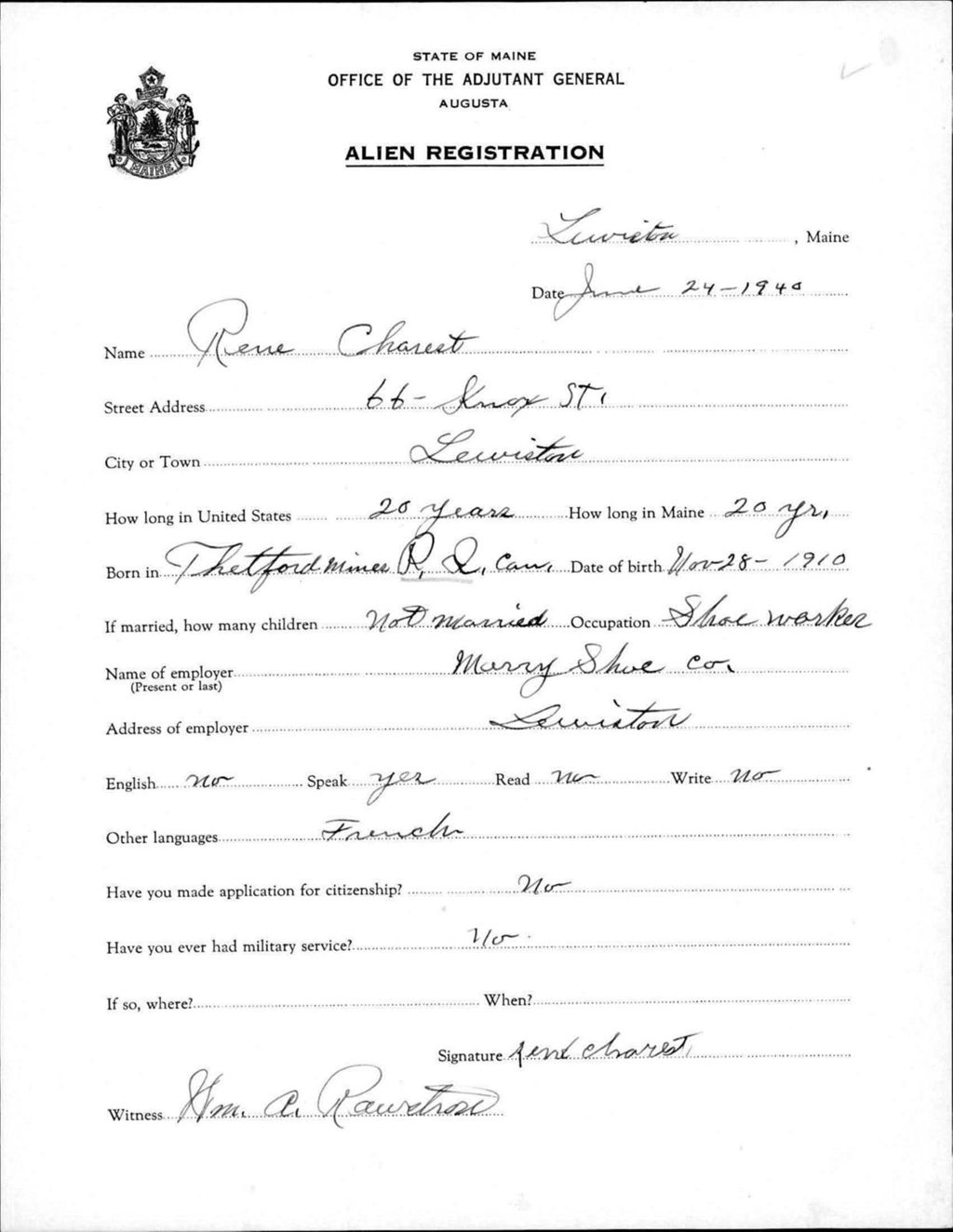 Miniature of Alien Registration- Charest, Rene (Lewiston, Androscoggin County)