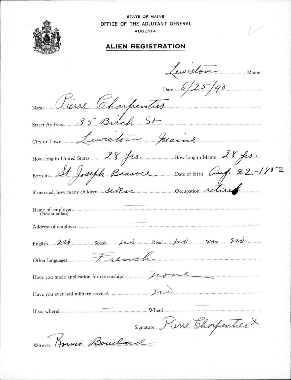 Miniature of Alien Registration- Charpentier, Pierre (Lewiston, Androscoggin County)