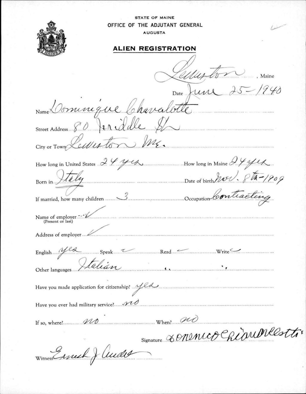 Miniature of Alien Registration- Chavalotte, Dominique (Lewiston, Androscoggin County)