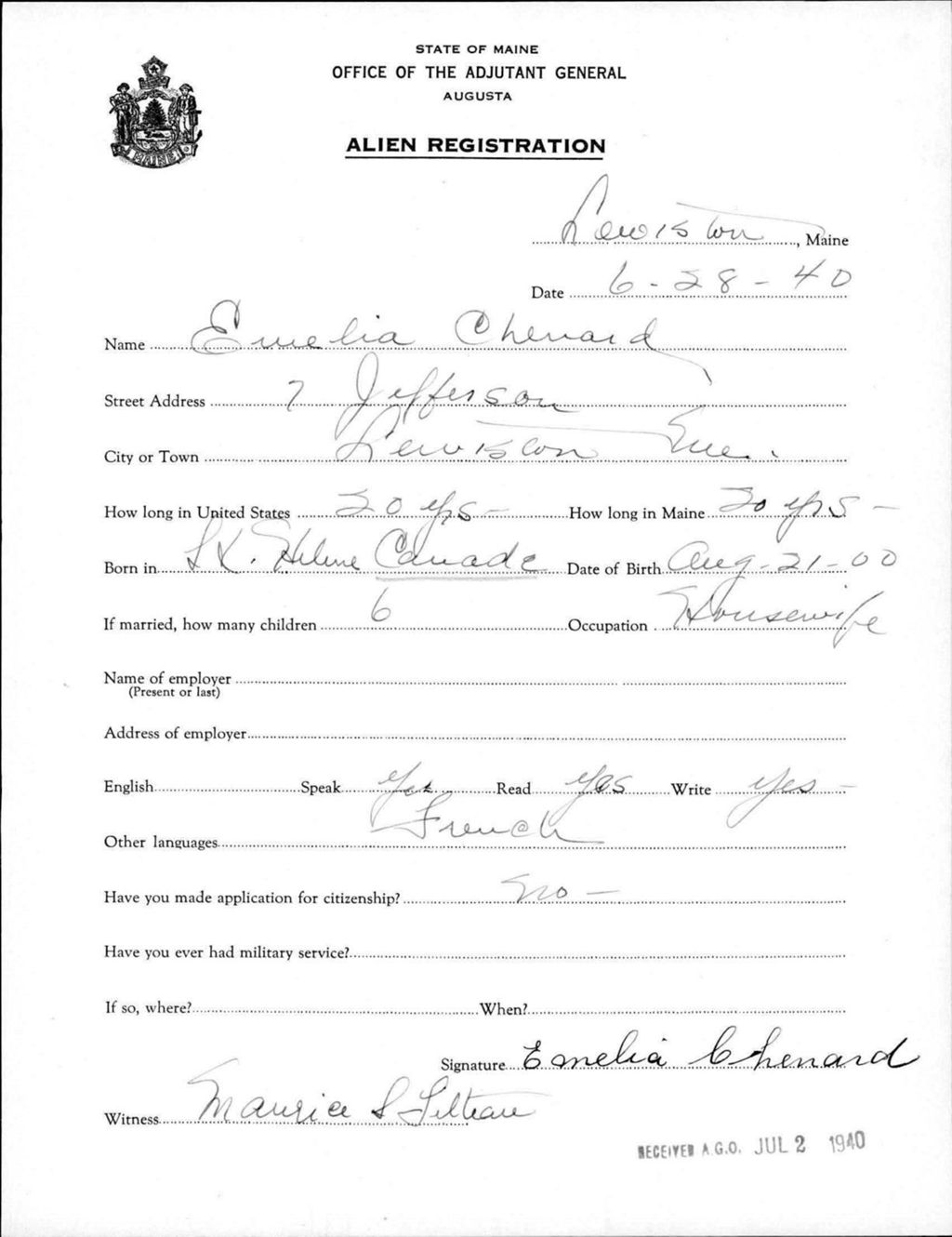 Miniature of Alien Registration- Chevard, Evelia (Lewiston, Androscoggin County)