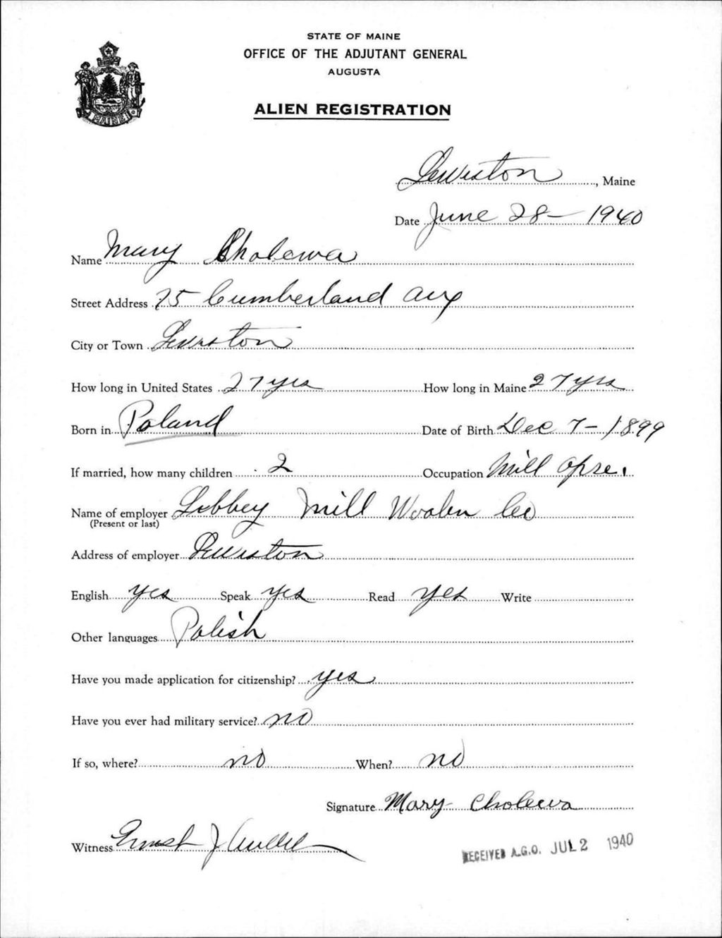 Miniature of Alien Registration- Cholewa, Mary (Lewiston, Androscoggin County)