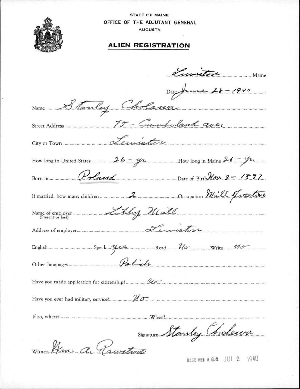 Miniature of Alien Registration- Cholewa, Stanley (Lewiston, Androscoggin County)