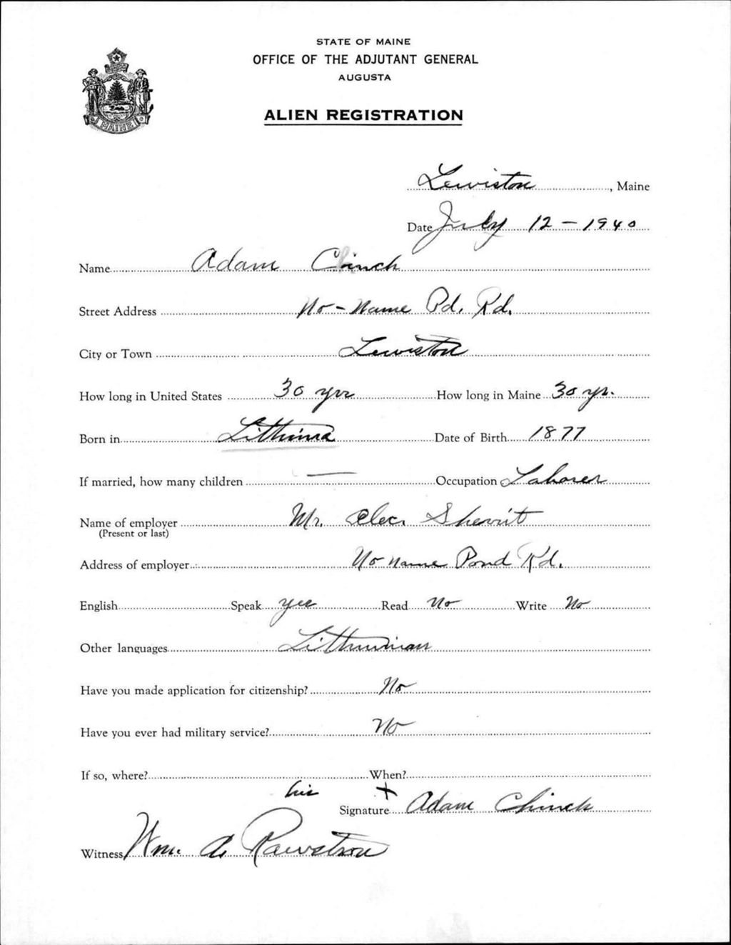 Miniature of Alien Registration- Clinch, Adam (Lewiston, Androscoggin County)