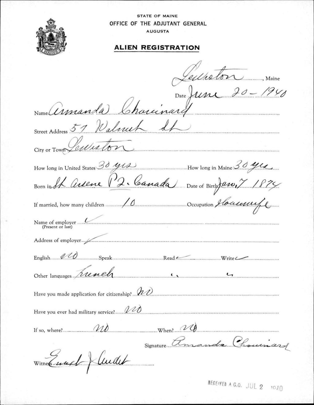 Miniature of Alien Registration- Chouinard, Armanda (Lewiston, Androscoggin County)