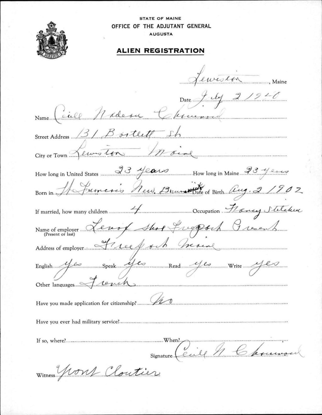 Miniature of Alien Registration- Nadeau, Cecill (Lewiston, Androscoggin County)