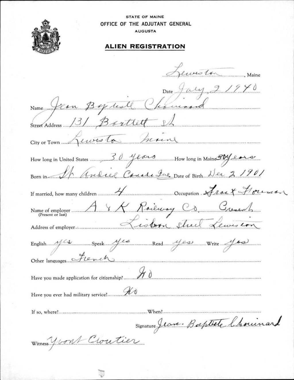 Miniature of Alien Registration- Chouinard, Jean B. (Lewiston, Androscoggin County)