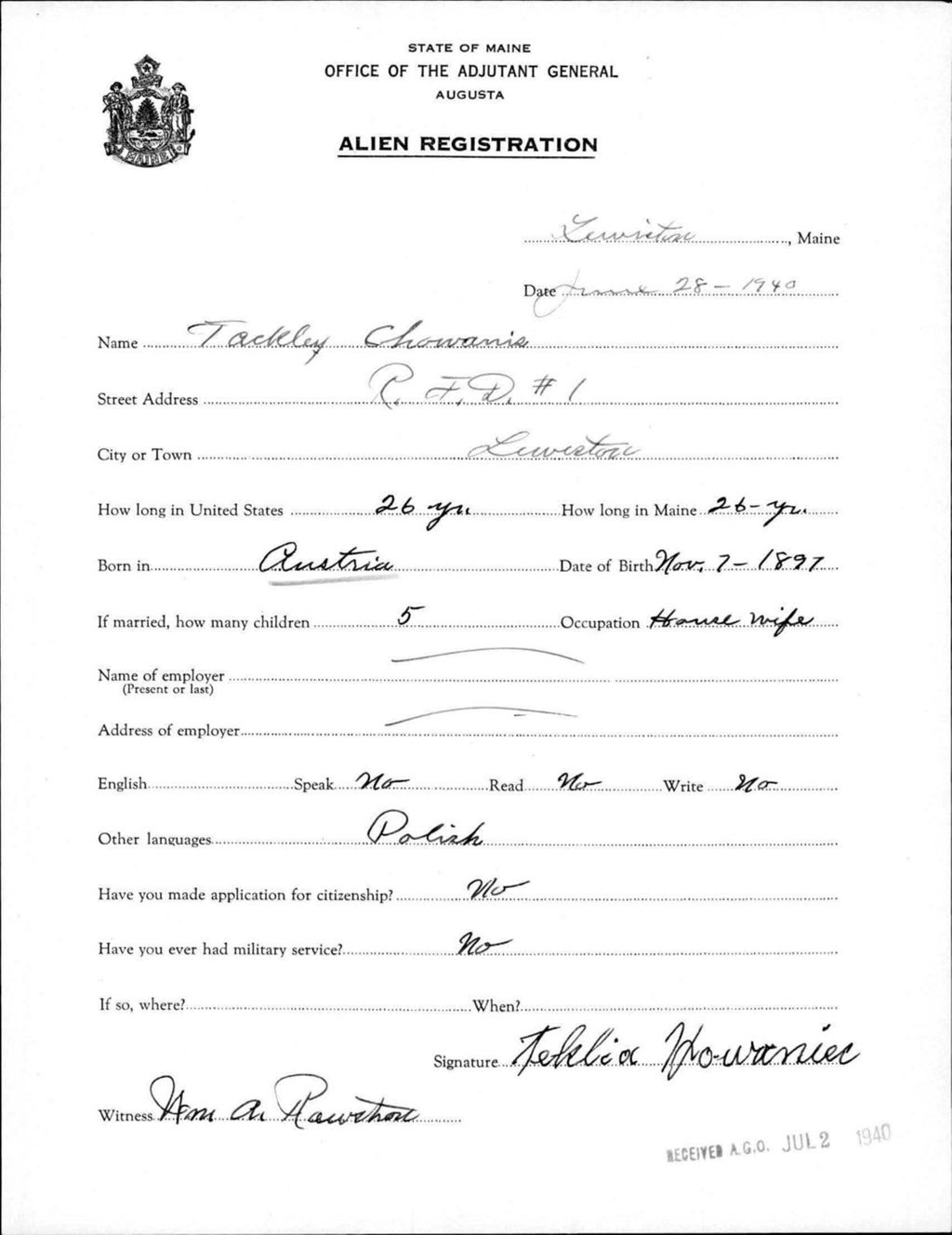 Miniature of Alien Registration- Chowanis, Tackley (Lewiston, Androscoggin County)
