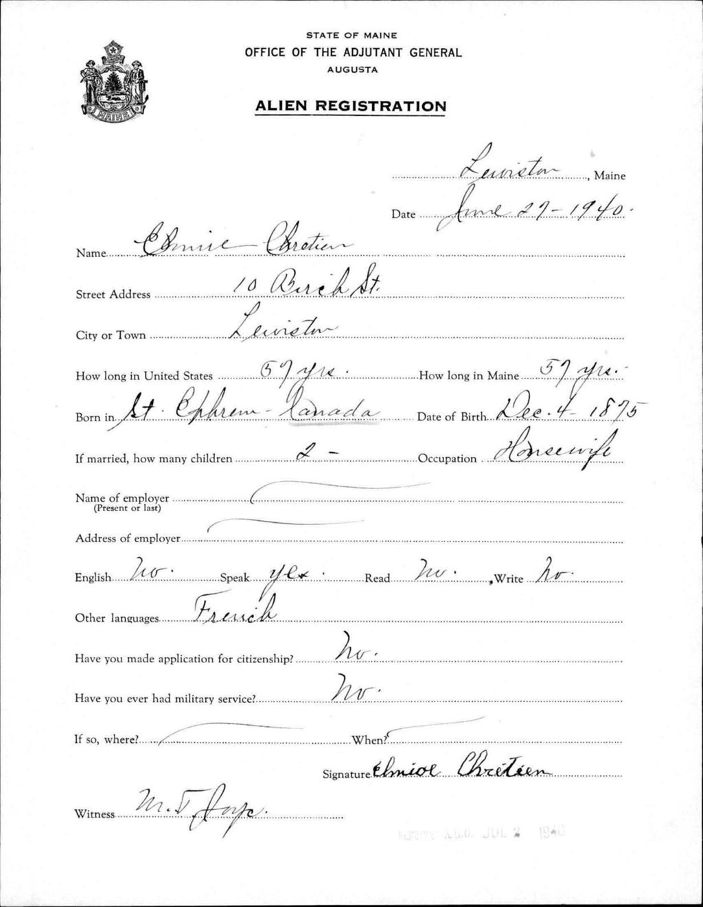 Miniature of Alien Registration- Chretien, Elmire (Lewiston, Androscoggin County)