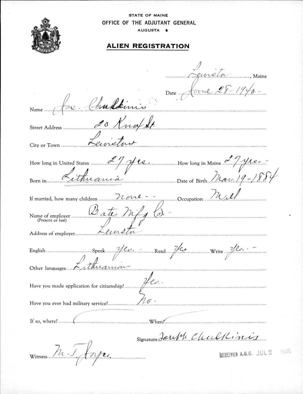 Miniature of Alien Registration- Chulkinis, Joseph (Lewiston, Androscoggin County)