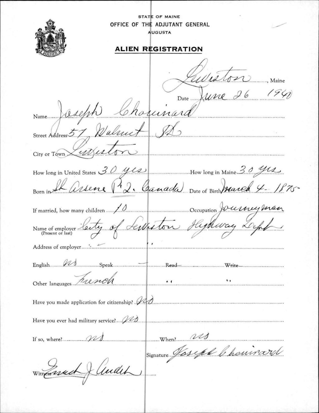 Miniature of Alien Registration- Chouinard, Joseph (Lewiston, Androscoggin County)