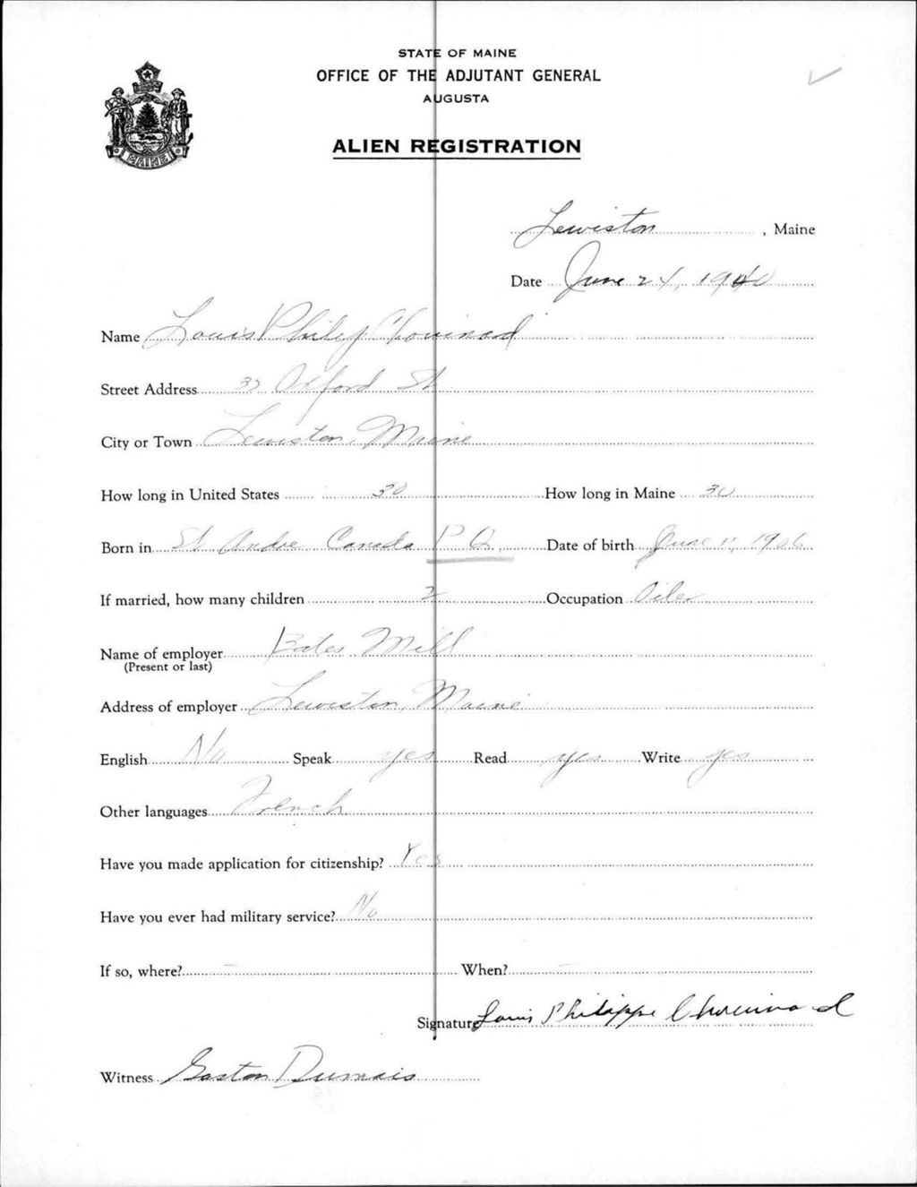 Miniature of Alien Registration- Chouinard, Louis P. (Lewiston, Androscoggin County)