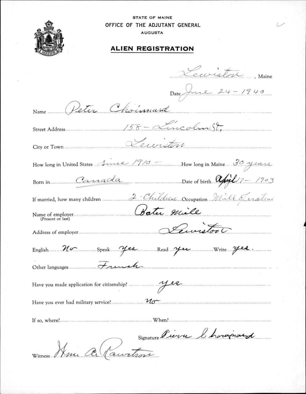 Miniature of Alien Registration- Chouinard, Peter (Lewiston, Androscoggin County)