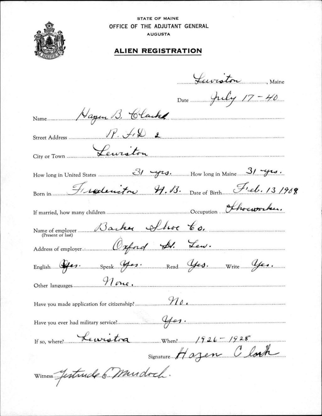 Miniature of Alien Registration- Clark, Hazen B. (Lewiston, Androscoggin County)