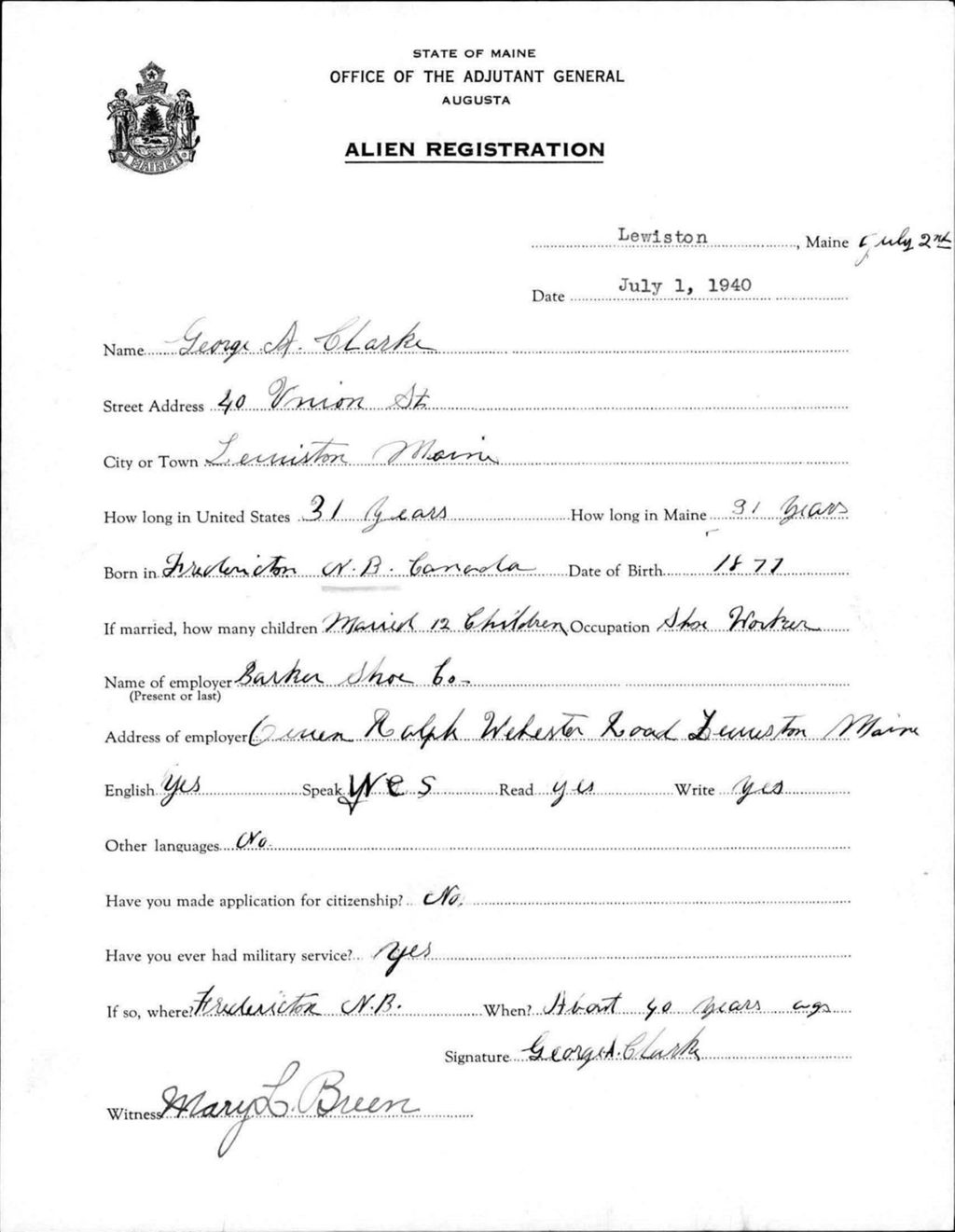 Miniature of Alien Registration- Clarke, George A. (Lewiston, Androscoggin County)