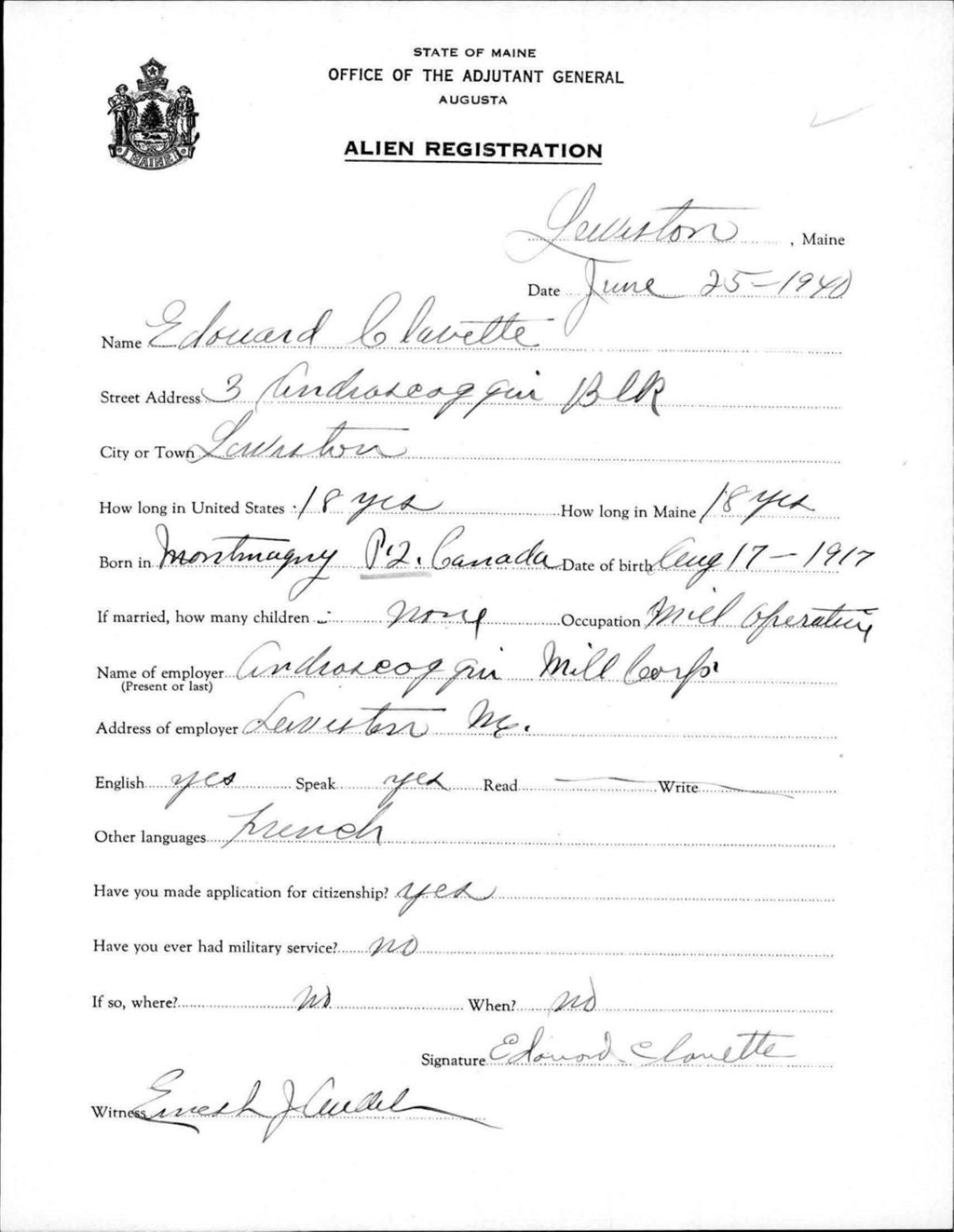 Miniature of Alien Registration- Clavette, Edouard (Lewiston, Androscoggin County)