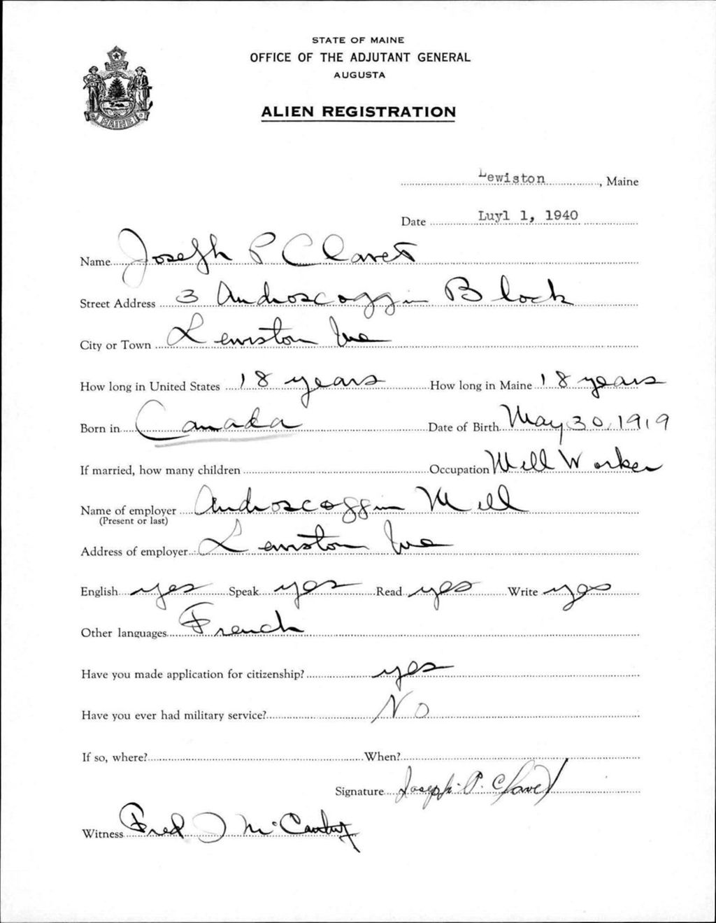 Miniature of Alien Registration- Clavet, Joseph P. (Lewiston, Androscoggin County)
