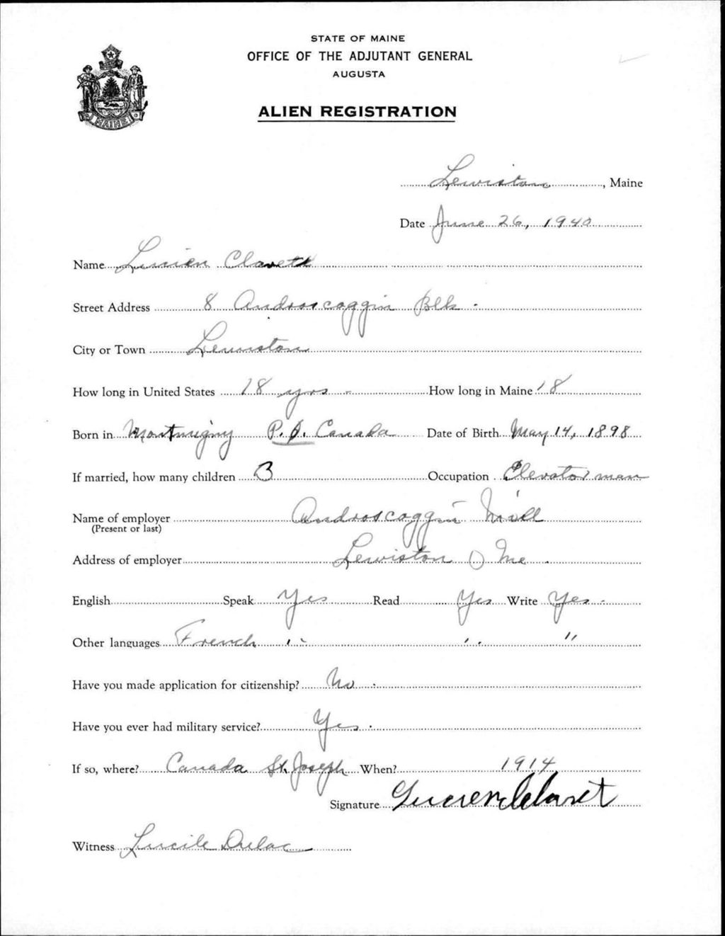 Miniature of Alien Registration- Clavete, Lucien (Lewiston, Androscoggin County)