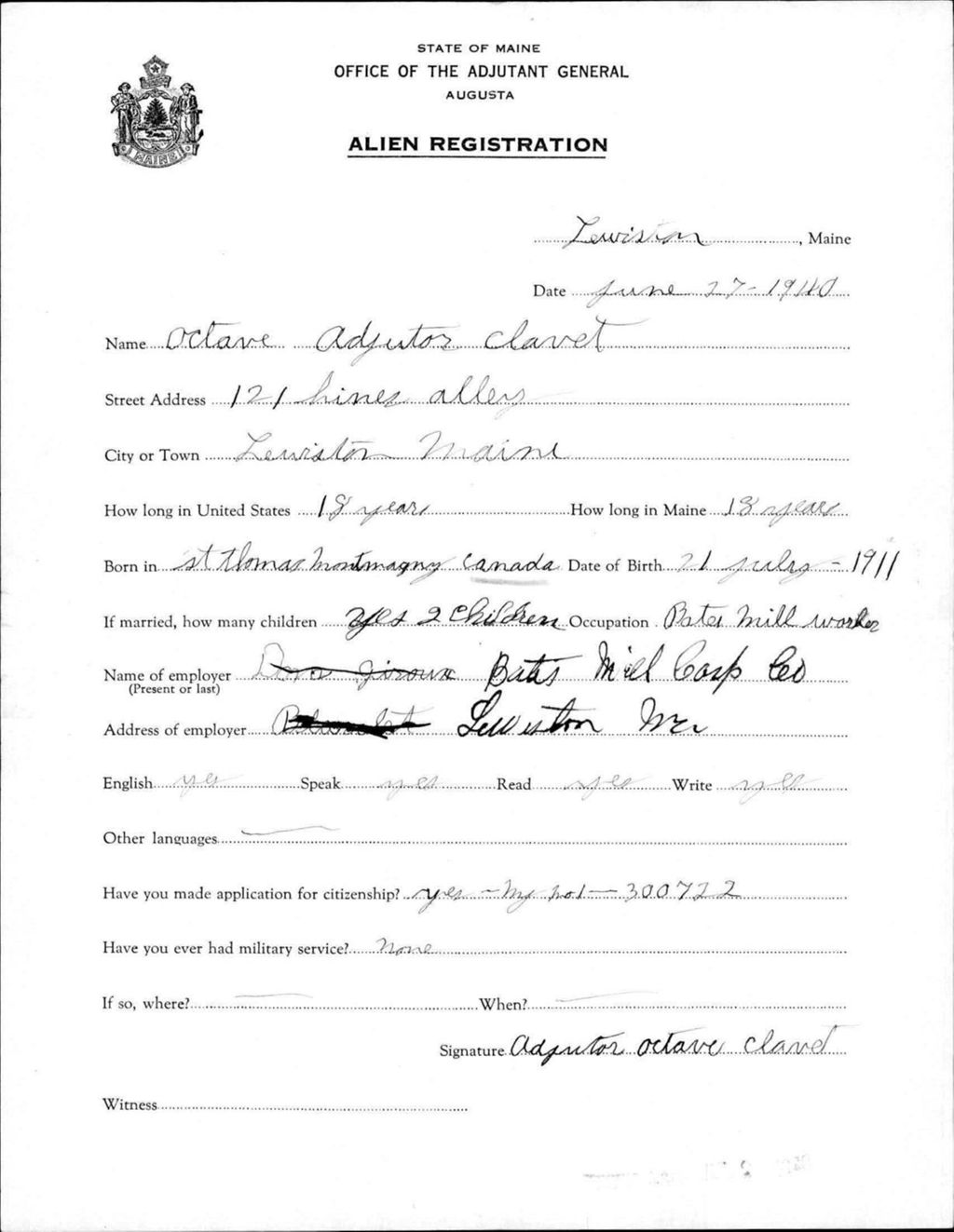 Miniature of Alien Registration- Clavet, Octave A. (Lewiston, Androscoggin County)