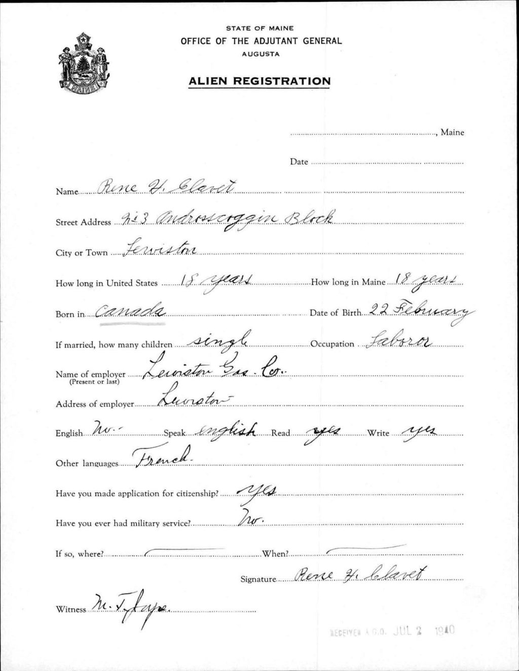 Miniature of Alien Registration- Clavet, Rene H. (Lewiston, Androscoggin County)