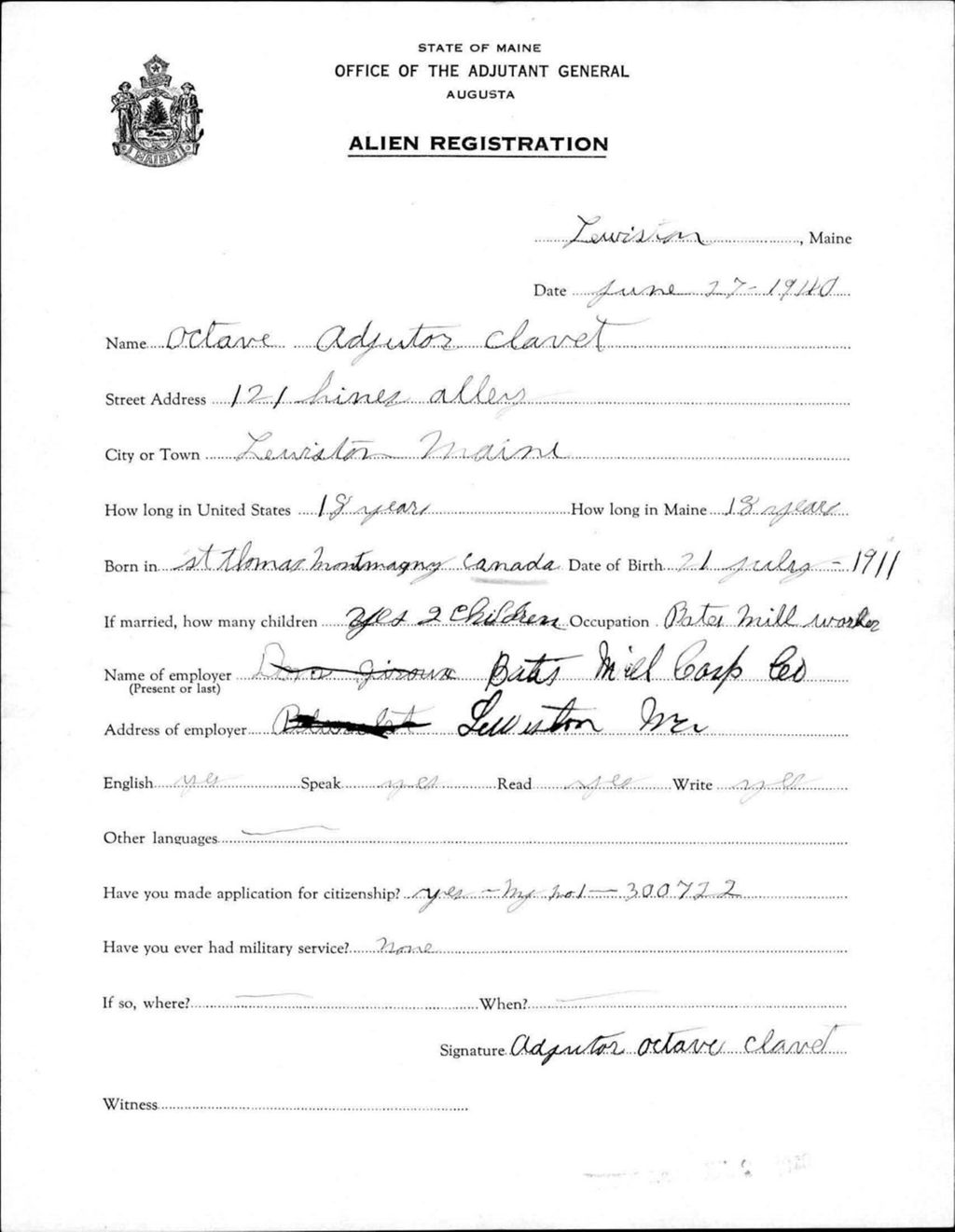 Miniature of Alien Registration- Clavet, Octave A. (Lewiston, Androscoggin County)