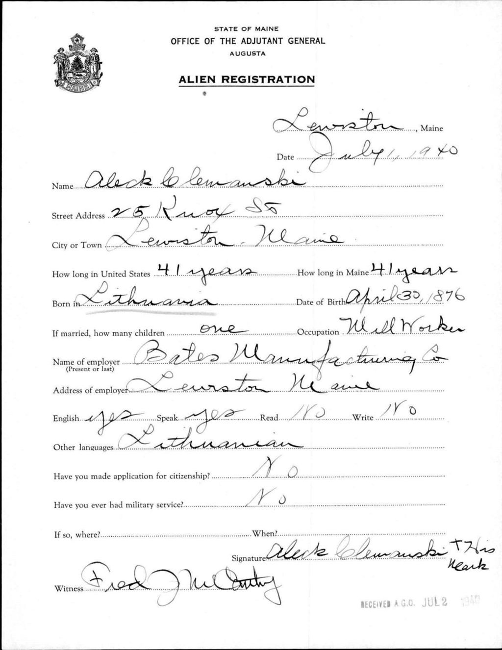 Miniature of Alien Registration- Clemanski, Aleck (Lewiston, Androscoggin County)