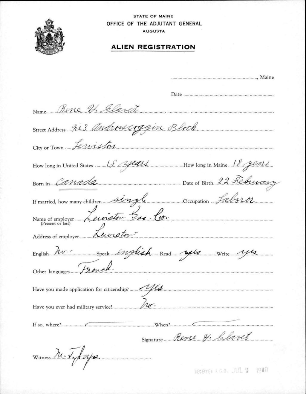Miniature of Alien Registration- Clavet, Rene H. (Lewiston, Androscoggin County)