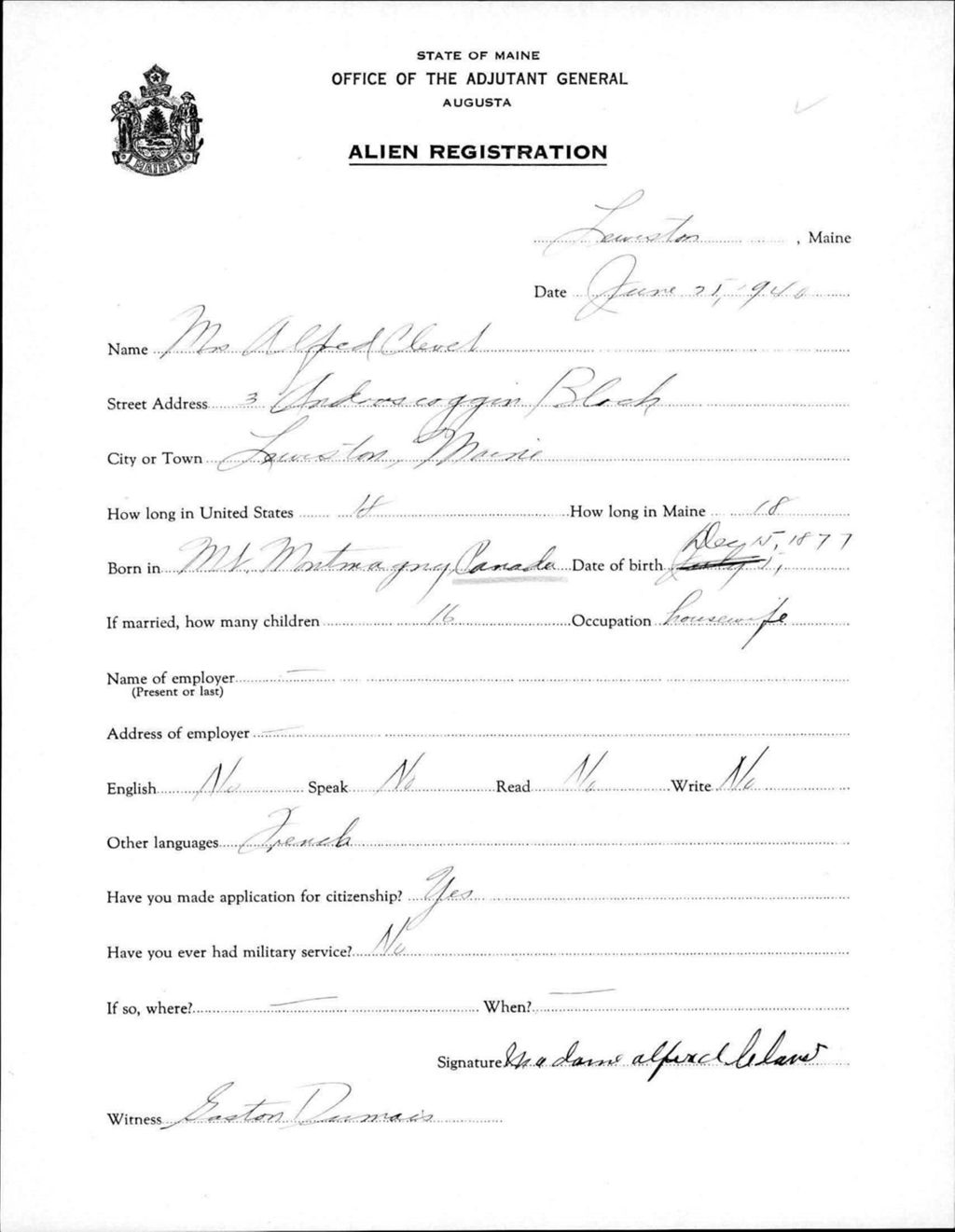 Miniature of Alien Registration- Clevet, Alfred (Lewiston, Androscoggin County)