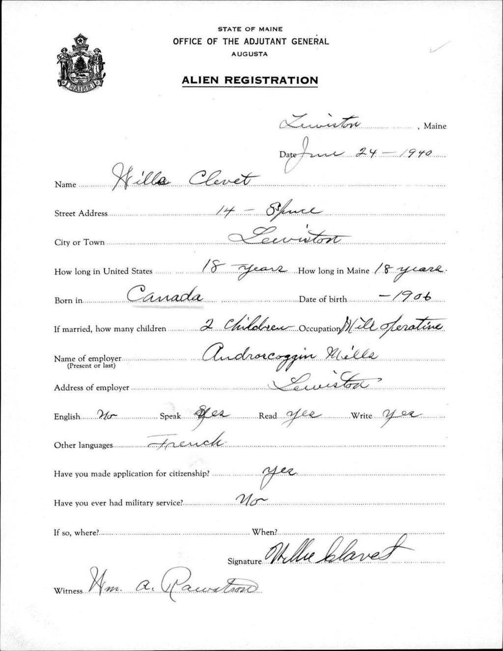 Miniature of Alien Registration- Clevet, Willa (Lewiston, Androscoggin County)
